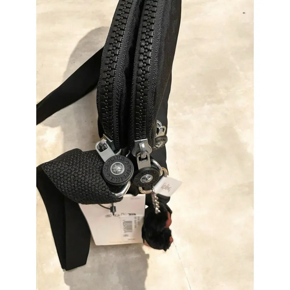Kipling Keefe Crossbody Bag‎ Tonal Black Dual Compartments Travel Monkey NEW
